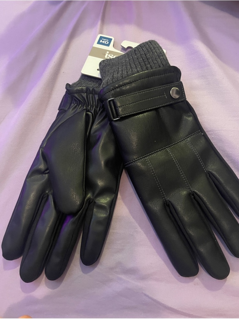 isotoner Black Men's Faux Leather Tech Gloves with Knit Cuff